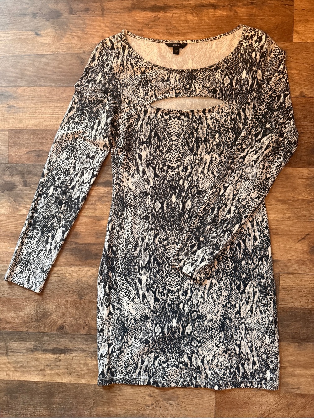 Snakeskin Print Long Sleeve Cutout Bodycon Dress - Black & Cream